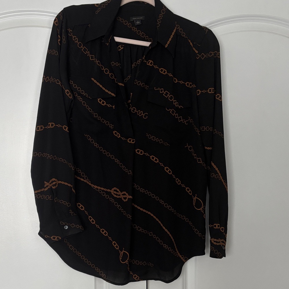 Ann Taylor Black Blouse with Gold Chain Design